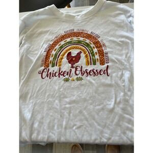 Womens White Long Sleeve T Shirt "Chicken Obsessed" Rainbow Graphic Tee Size M